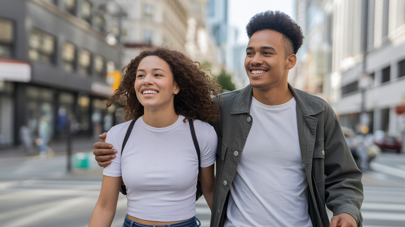 Pareja joven paseando por la ciudad